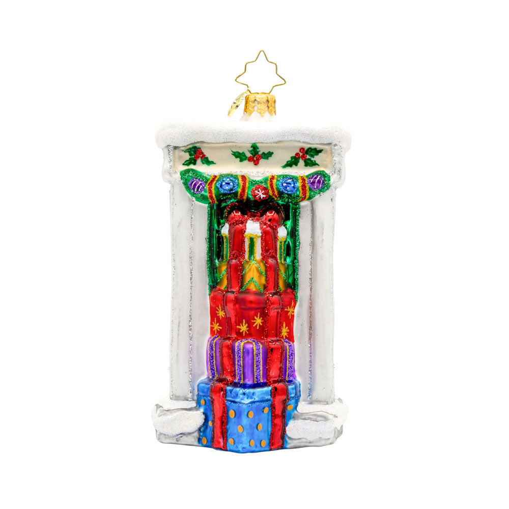 Doorway to Christmas ornament. A bright red door, frosted with snow, invites Santa in with a sparkling wreath and a glittery "2025" shining above. View of back.