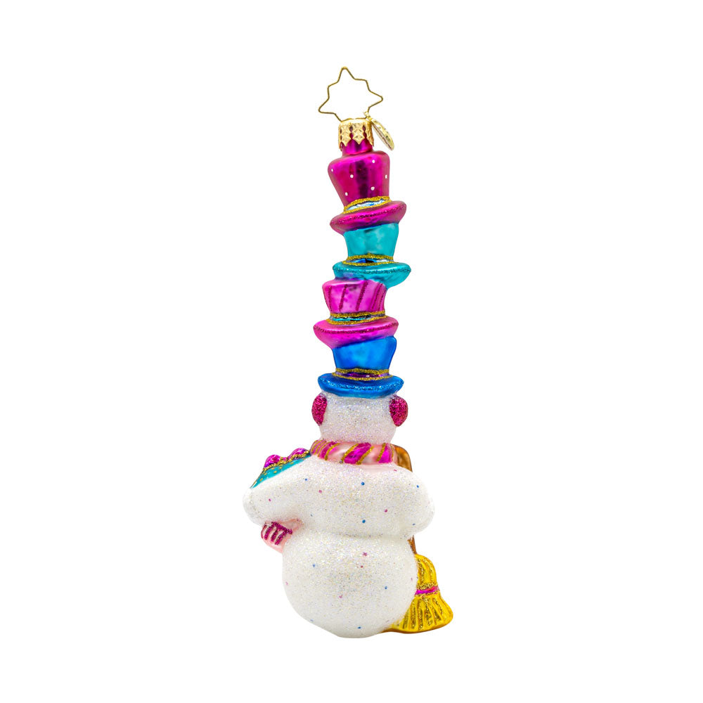 Hat-Tastic Snowman 2025 ornament. Featuring a snowman wearing a stack of hats with "2025" written on them. View of back.