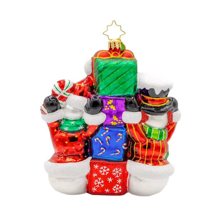 2025 Snowy Stackers ornament. These two snowmen are stacking up presents like building blocks. The gifts are dated with "2025." View of back.