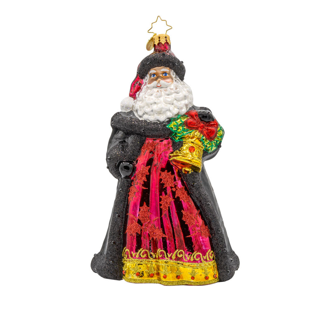 Bells of Christmas Santa ornament. Santa and his festive bell, dressed in a rich dark red gown with a shimmering pattern. View of front.
