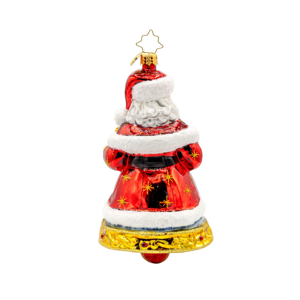 Jingle All The Claus ornament. The bottom of Santa's body creates a bell. The hand-painted scene on his coat features a snowy village and a twinkling Christmas tree. View of back.