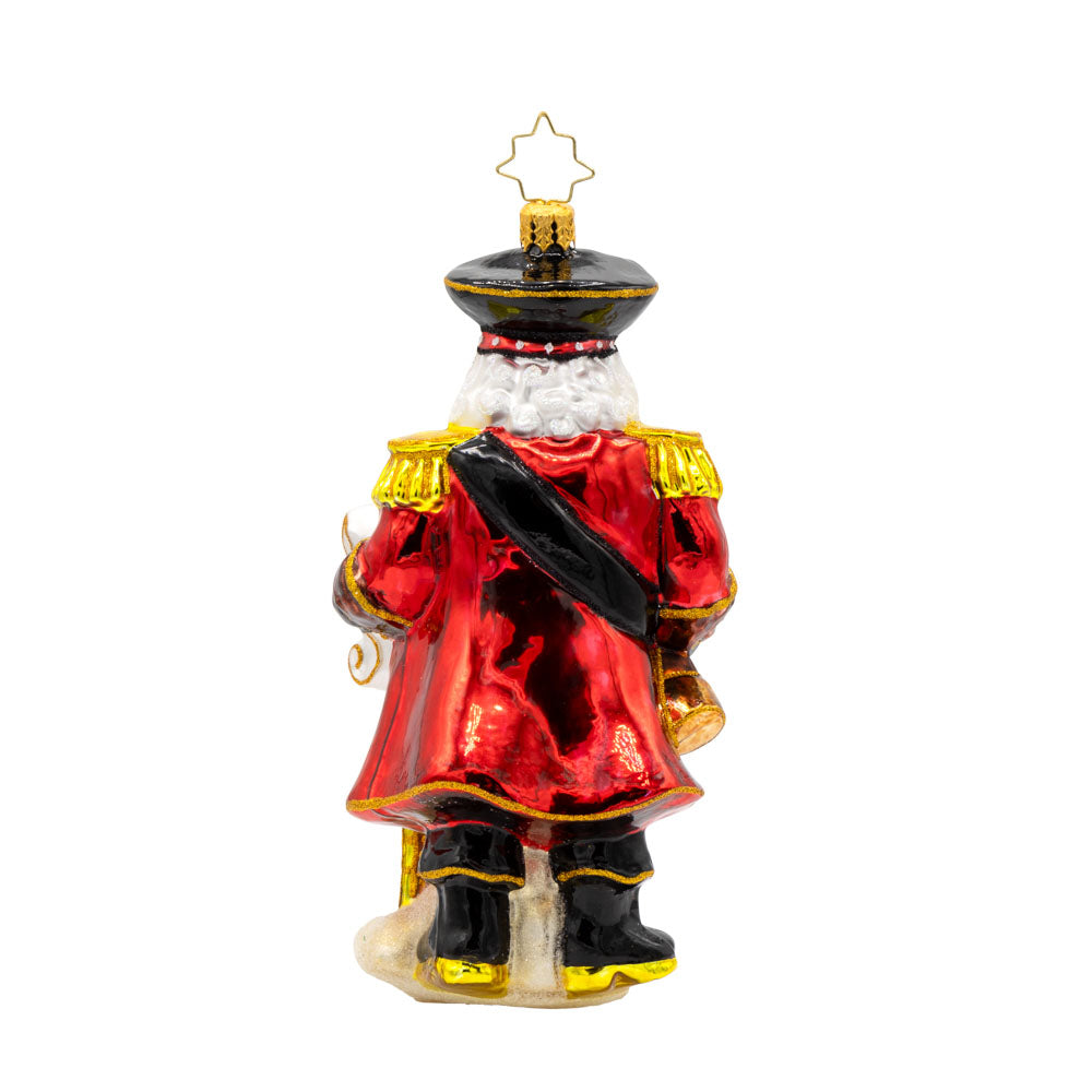 Ahoy, Matey Claus ornament. Featuring Santa in his signature outfit, complete with a pirate hat and eye patch. He’s holding a treasure map in one hand and a sack of holiday goodies in the other. View of back.