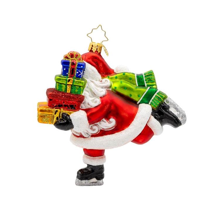 Dashing Through The Ice ornament. Santa is seen ice skating with a stack of gifts in hand. View of back.