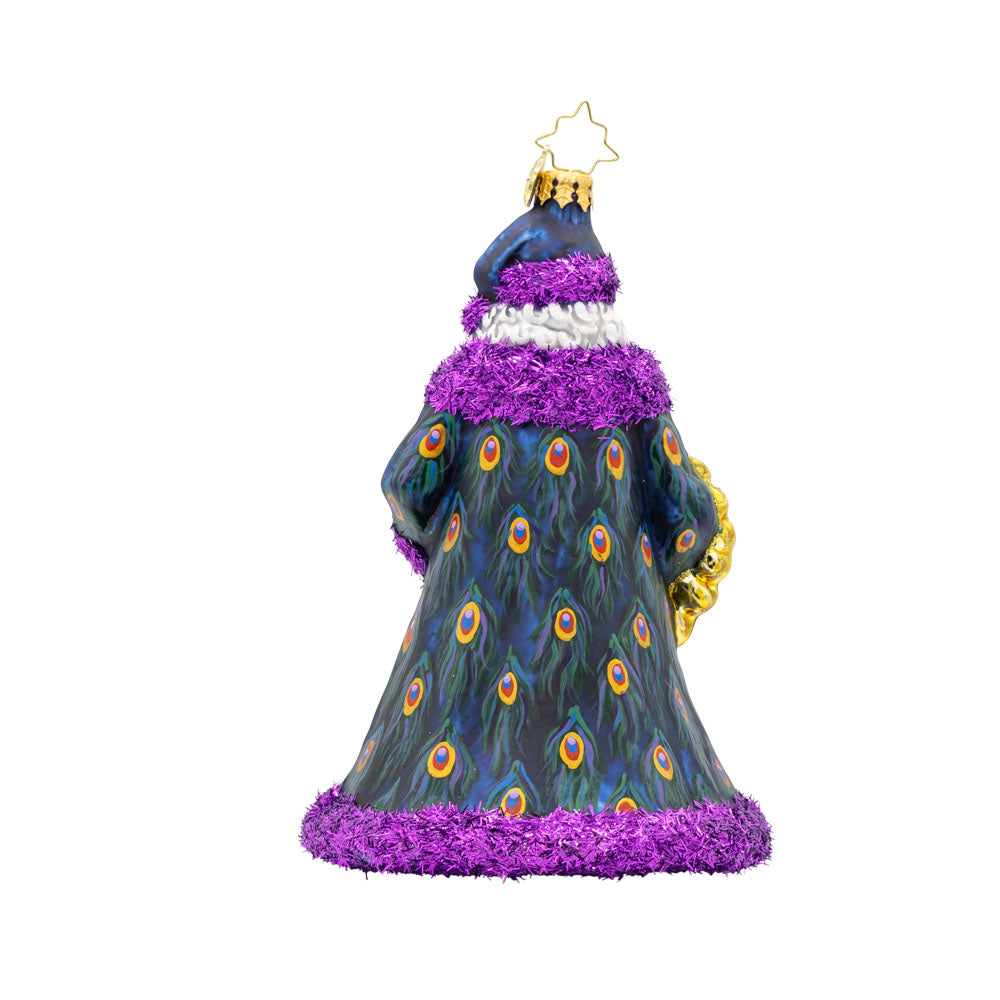 Peacock Splendor ornament. Santa is draped in a luxurious, peacock-feather-inspired coat and holding an ornate peacock staff. View of back.