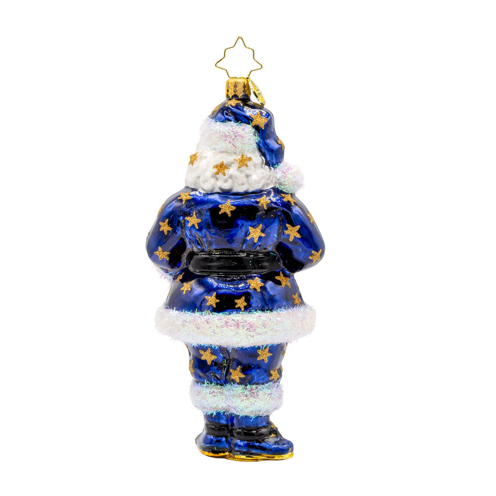 Starry Suit St. Nick ornament. Santa is donned in a blue suit all decked out in stars. View of back.