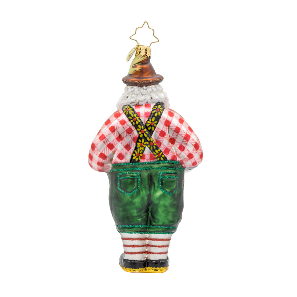 Jolly Ale Santa ornament. Santa is dressed in a festive Bavarian outfit holding multiple beer steins. View of back.