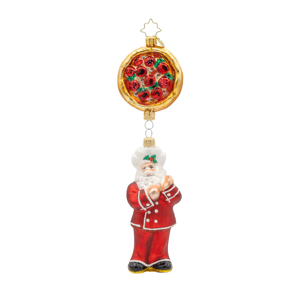 St. Nick's Pizza Delight ornament. Santa in a red chef's outfit dangles from a large pepperoni pizza pie. View of front.