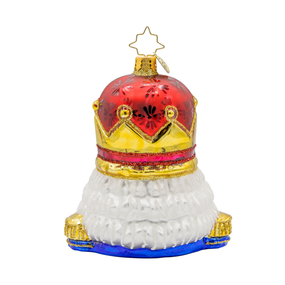 Nutty Noel ornament. This nutcracker seen from the shoulders up, where's a crown of red and gold. View of back.