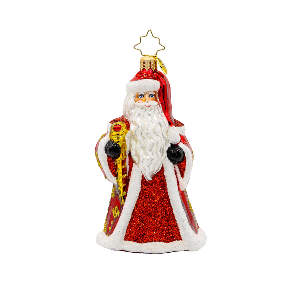 Jubilee Gent ornament. Santa is dressed in a regal red robe with his shiny scepter and festive cape. View of front.