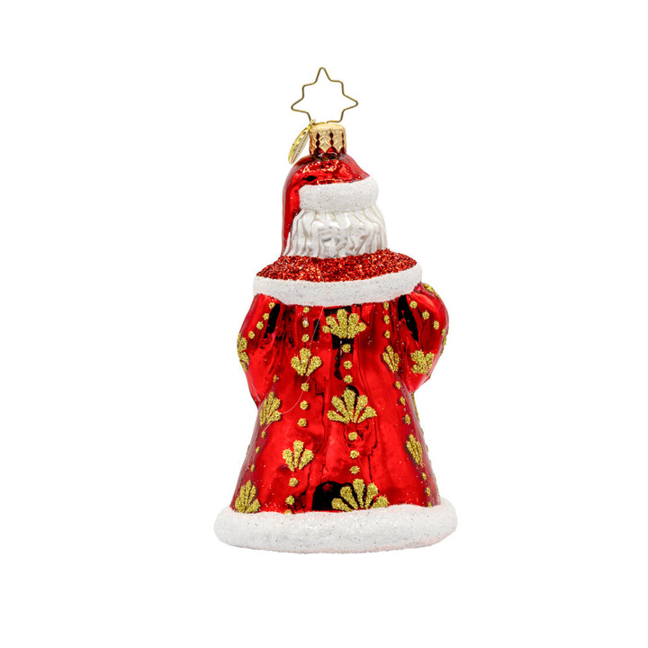 Jubilee Gent ornament. Santa is dressed in a regal red robe with his shiny scepter and festive cape. View of back.