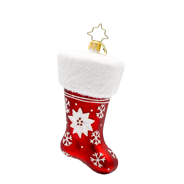 Wish Upon A Stocking ornament. This stocking is adorned with shimmering snowflakes and a poinsettia. View of back.