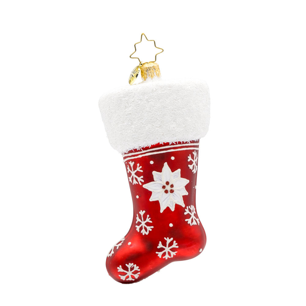 Wish Upon A Stocking ornament. This stocking is adorned with shimmering snowflakes and a poinsettia. View of front. 