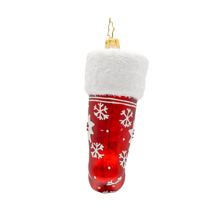 Wish Upon A Stocking ornament. This stocking is adorned with shimmering snowflakes and a poinsettia. View of right side.