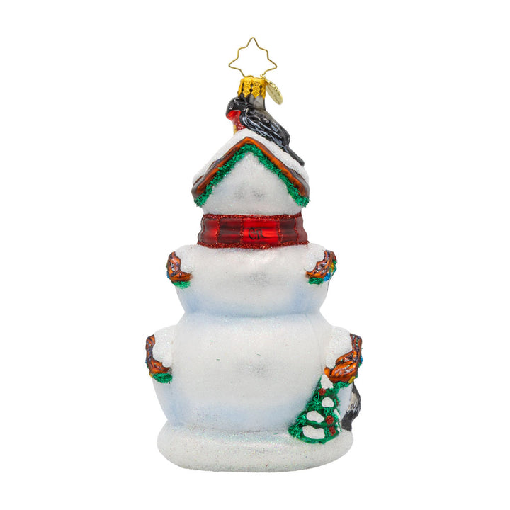 Frosty Feathers ornament. This snowman doubles as a cozy nest for feathered friends. View of back.