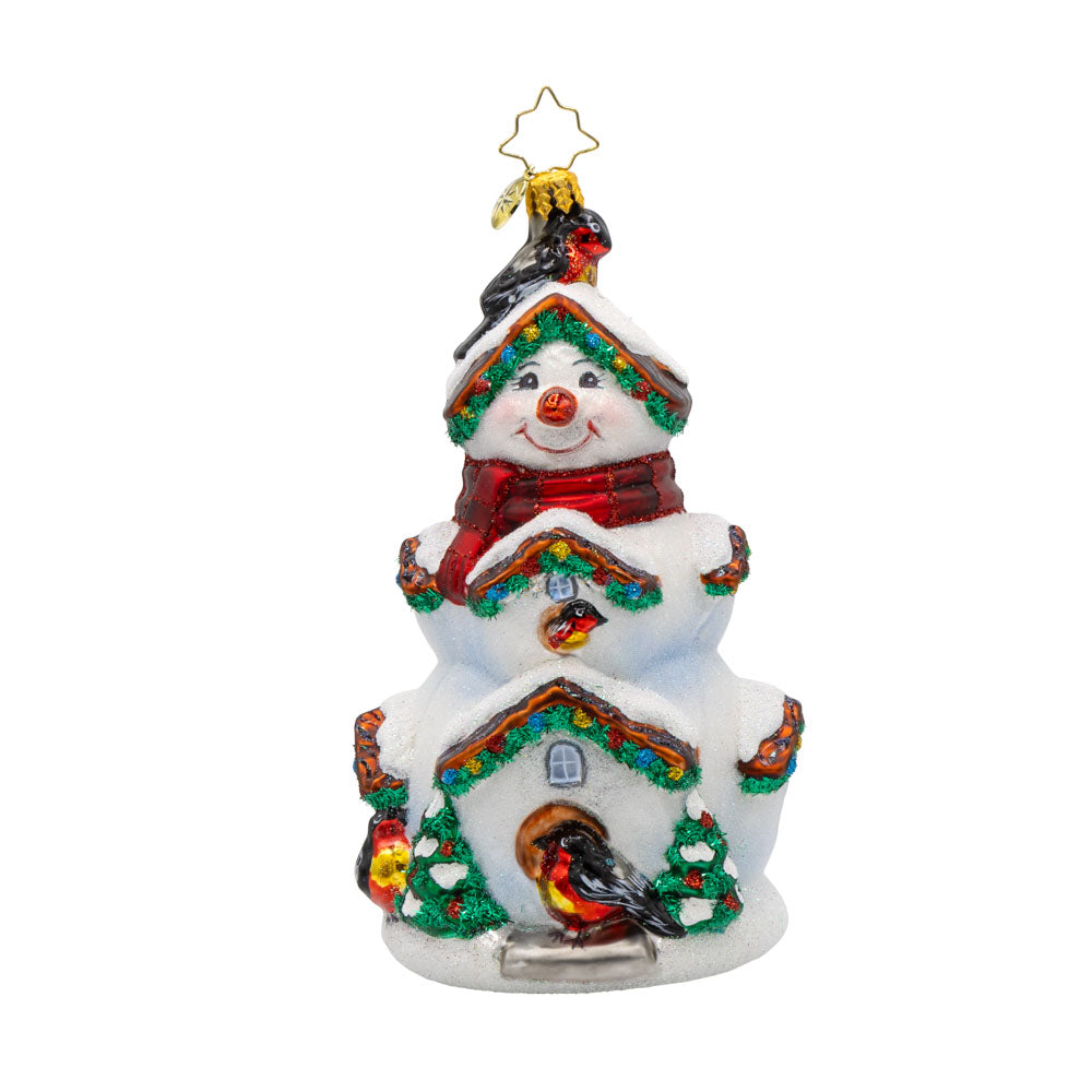Frosty Feathers ornament. This snowman doubles as a cozy nest for feathered friends. View of front. 