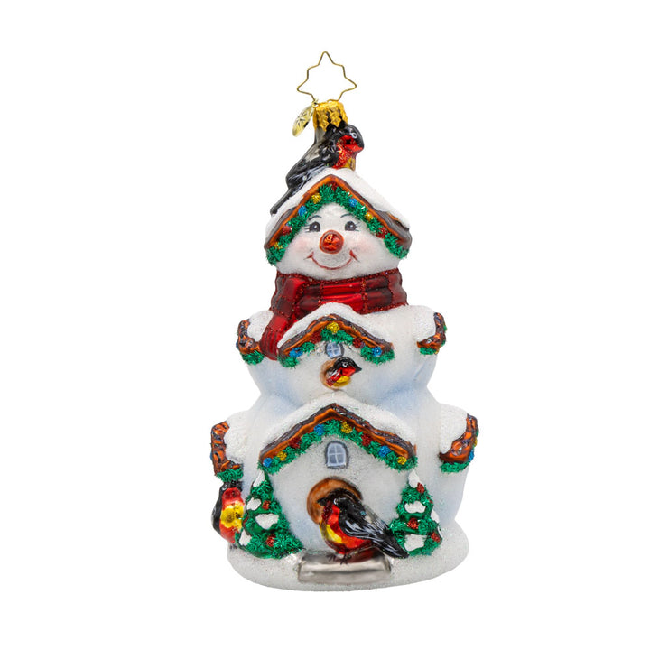 Frosty Feathers ornament. This snowman doubles as a cozy nest for feathered friends. View of front. 