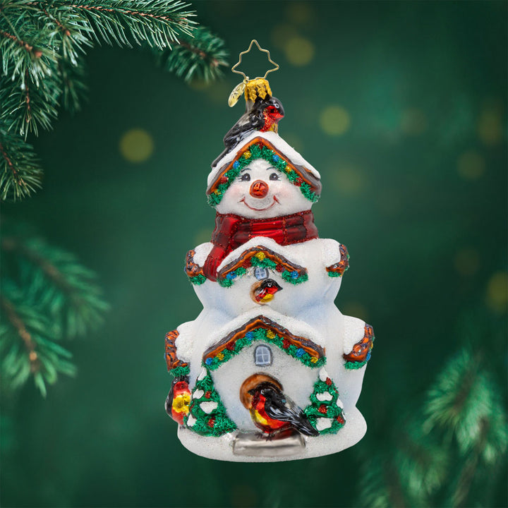 Frosty Feathers ornament. This snowman doubles as a cozy nest for feathered friends. View of front. 