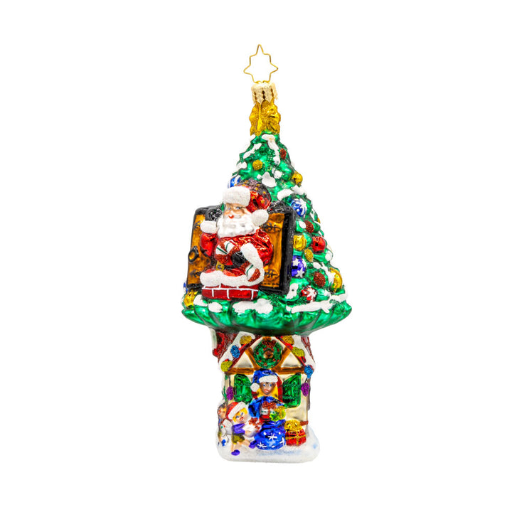 Treehouse Hideaway ornament. Santa’s treehouse is nestled high in the trees above Santa's Workshop. View of front. 