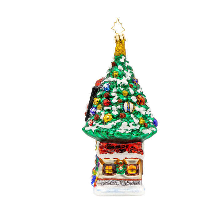 Treehouse Hideaway ornament. Santa’s treehouse is nestled high in the trees above Santa's Workshop. View of back.