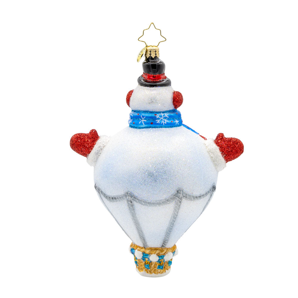 Up, Up, and Snowy ornament. This charming piece features a friendly snowman hot-air balloon, and a jolly Santa Claus ready to embark on a festive flight. View of back.