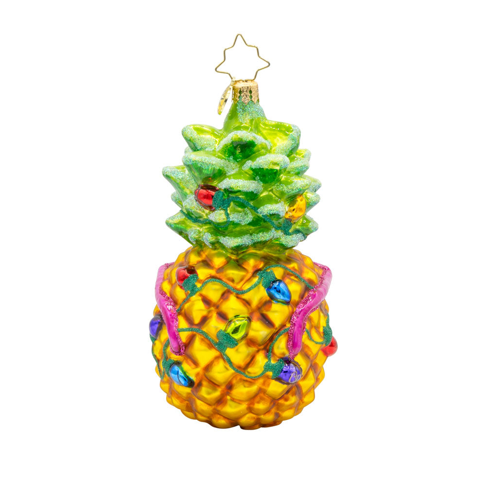 Vitamin Sea ornament. A tropical pineapple with colorful lights and fun sunglasses. View of back.