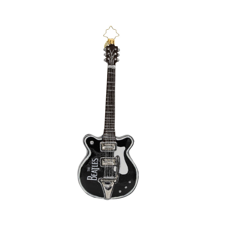 Let it Be Guitar ornament. Featuring the famous "Let It Be" song title on a black and white guitar. View of front. 