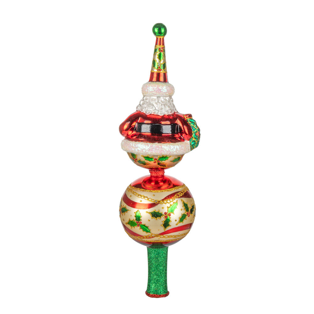 Santa and decorated round tree-topper. View of back.
