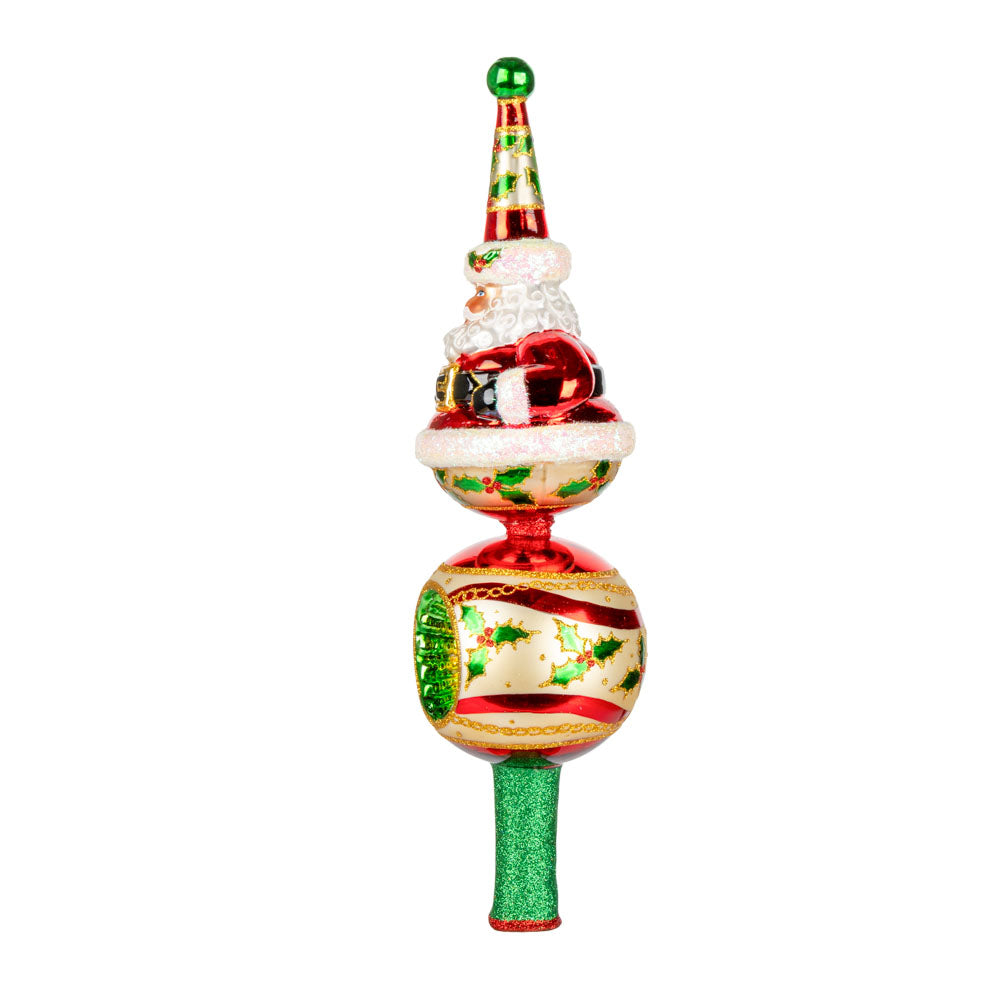 Santa and decorated round tree-topper. View of right side.