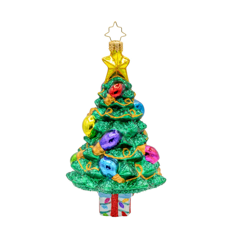 Radiant Evergreen Pine ornament. This Christmas tree has oversized lights that sparkle and glow. View of back.
