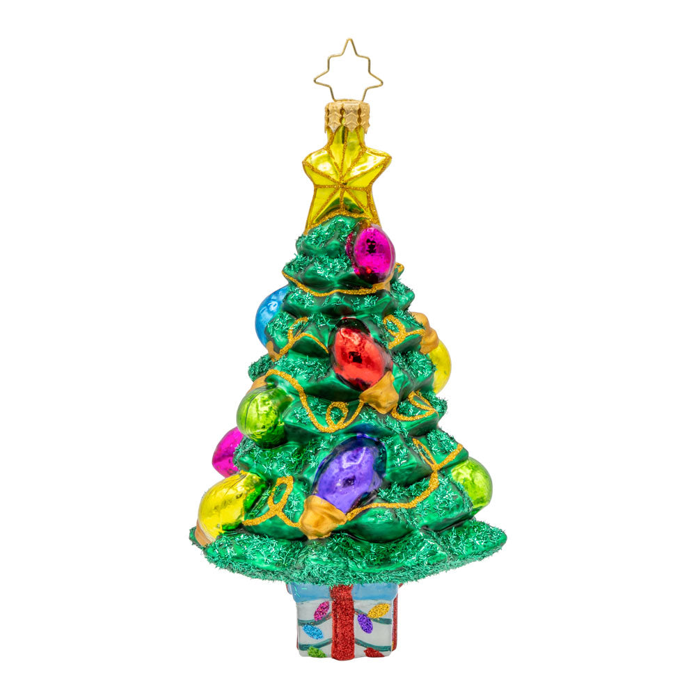Radiant Evergreen Pine ornament. This Christmas tree has oversized lights that sparkle and glow. View of front. 