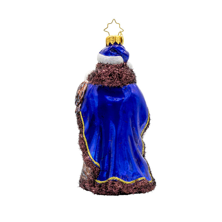 Mountain Majesty St. Nick ornament.  Santa’s dons a hand-painted mountain-scene coat with an eagle by his side. View of back.