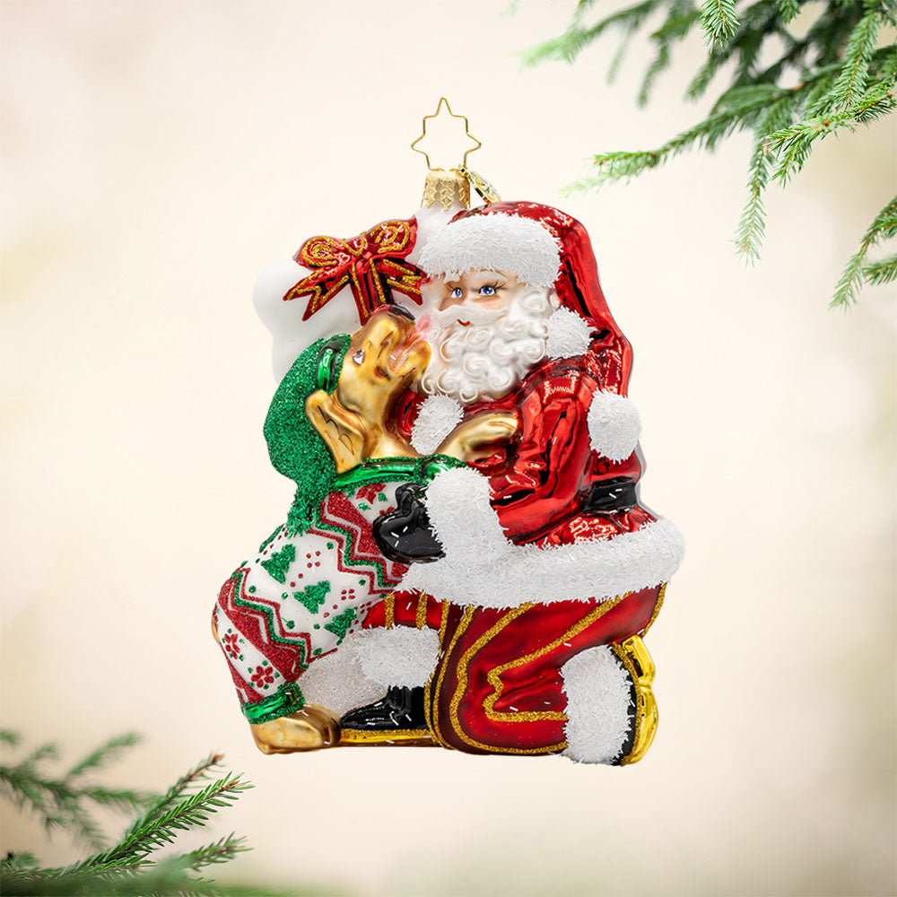 Santa's Pawsome Playtime ornament.  Santa has a playful pup dressed in festive pjs to keep him company. View of front.