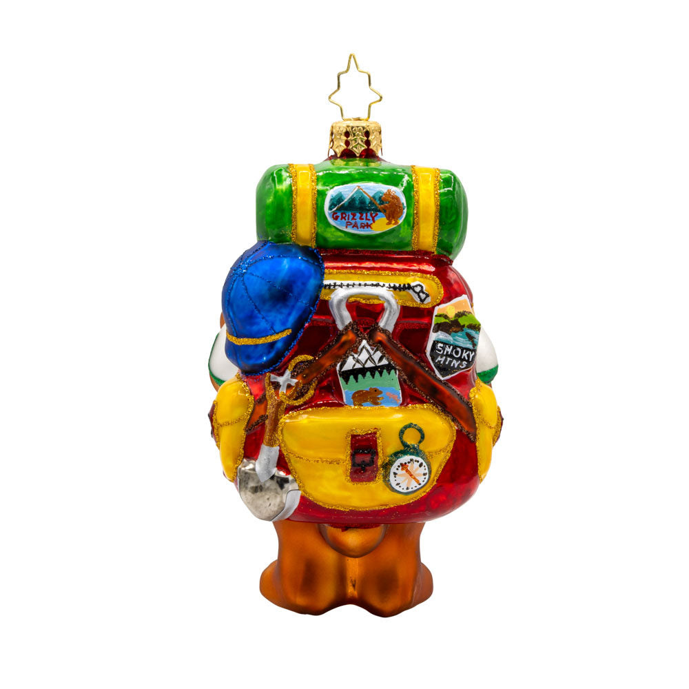 Wilderness Wanderer Bear ornament. This bear has all the camping gear you need. He sports a backpack, lantern, binoculars, plus more! View of back.