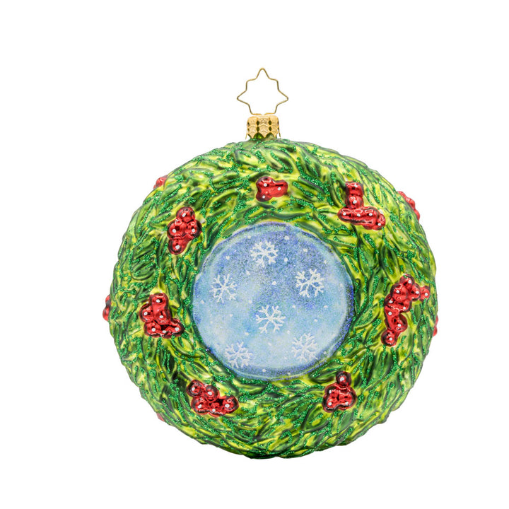 Christmas Together Wreath ornament. Two owls are nestled together on a snowy branch with a ribbon that says "Christmas Together" below them. Snowy blue sky seen on back. View of back.