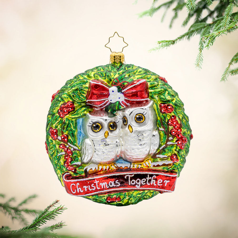 Christmas Together Wreath ornament. Two owls are nestled together on a snowy branch with a ribbon that says "Christmas Together" below them. View of front. 