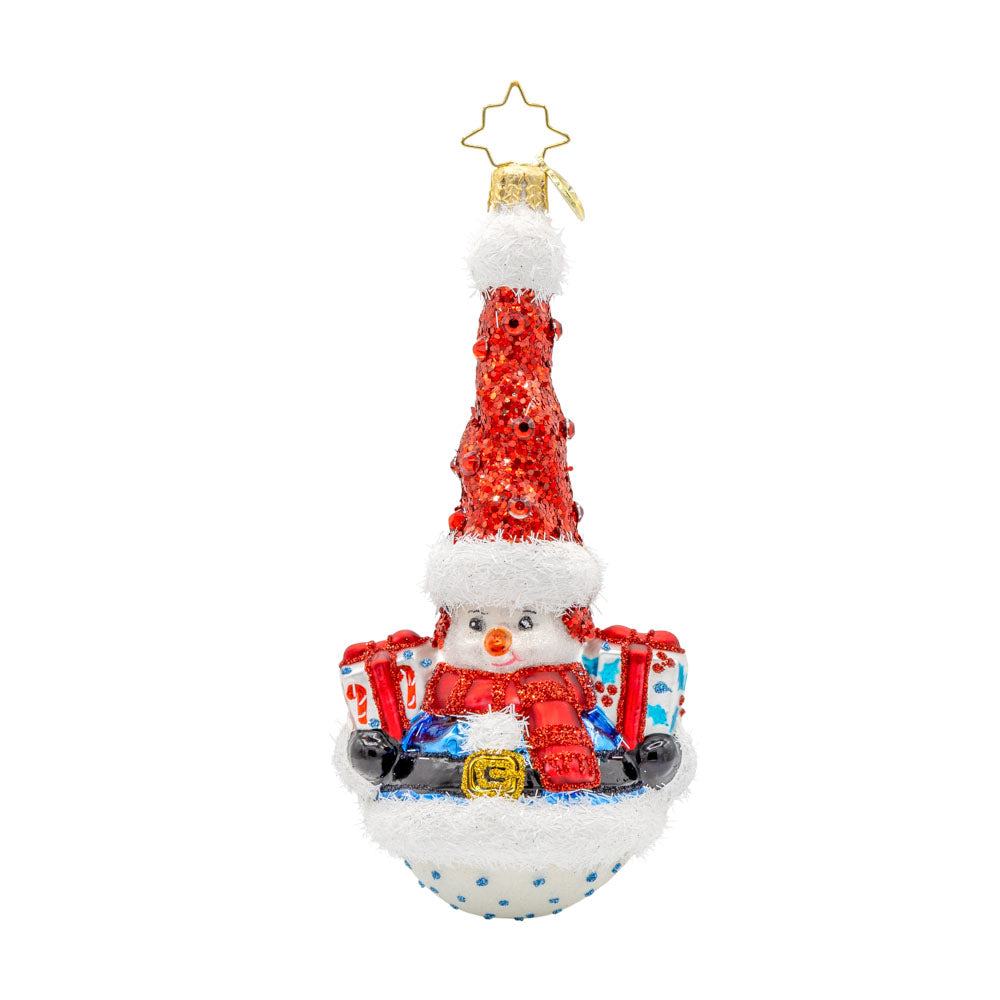 Twisty Holiday Duo ornament. Santa and his snowman friend, dressed in their festive attire, with gifts in hand. Santa is on the front. The snowman is on the back. View of back.