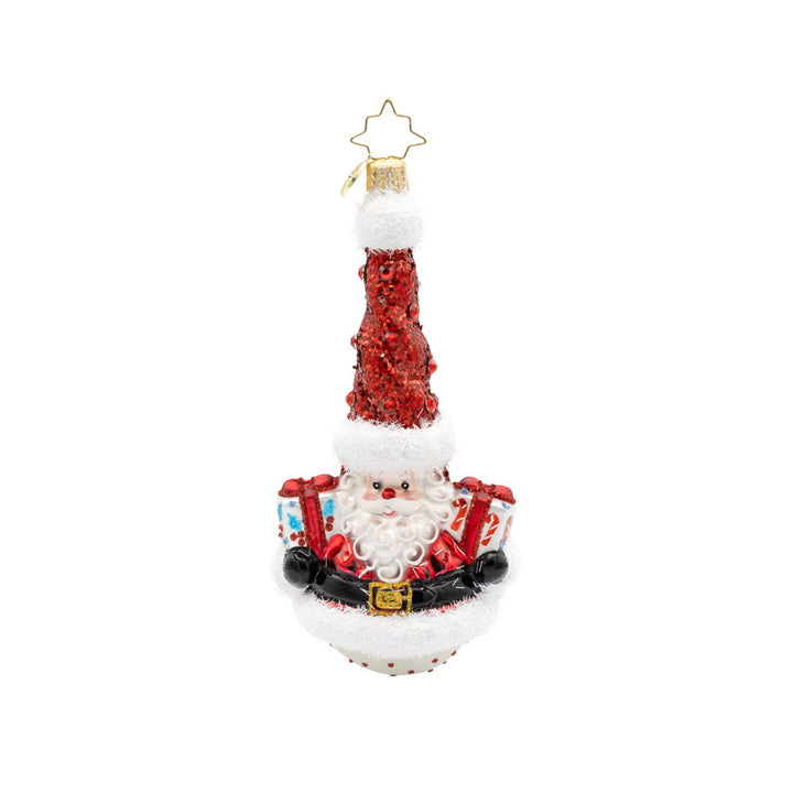 Twisty Holiday Duo ornament. Santa and his snowman friend, dressed in their festive attire, with gifts in hand. Santa is on the front. The snowman is on the back. View of front. 