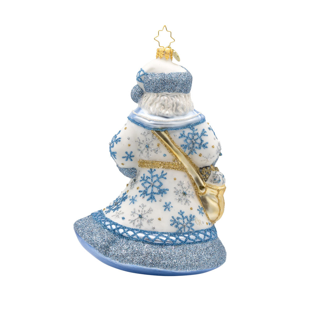 Ivory Frost Santa ornament. Santa's draped in luxurious ivory tones and sparkling frost. View of back.