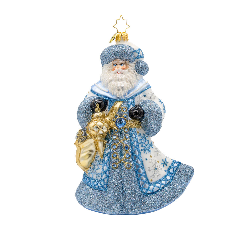 Ivory Frost Santa ornament. Santa's draped in luxurious ivory tones and sparkling frost. View of front. 