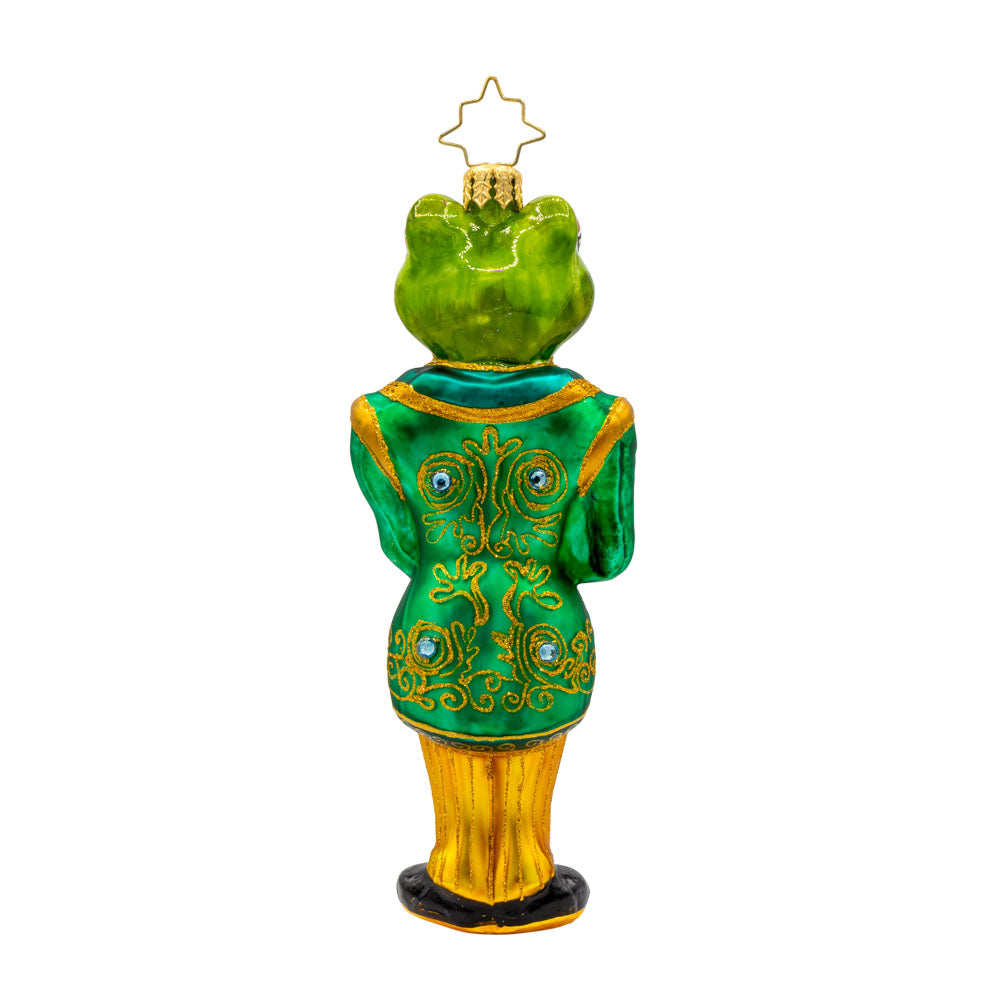 Hoppy Hospitality ornament. A dapper frog butler in a green and gold tailcoat. View of back.