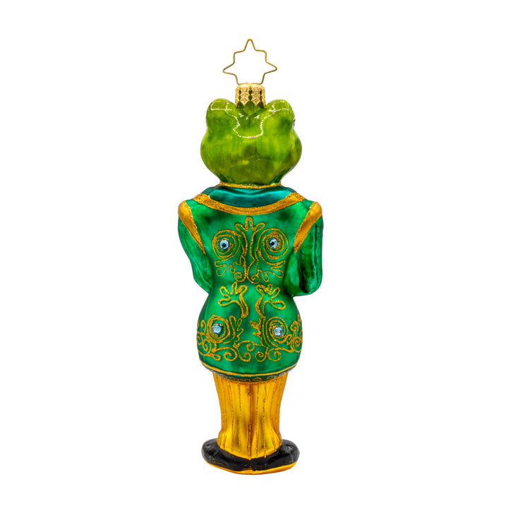 Hoppy Hospitality ornament. A dapper frog butler in a green and gold tailcoat. View of back.