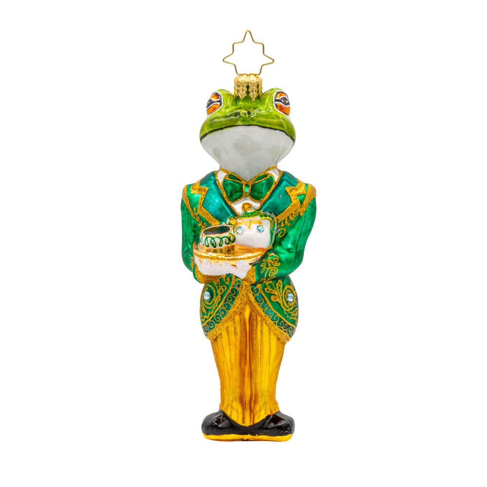Hoppy Hospitality ornament. A dapper frog butler in a green and gold tailcoat. View of front. 