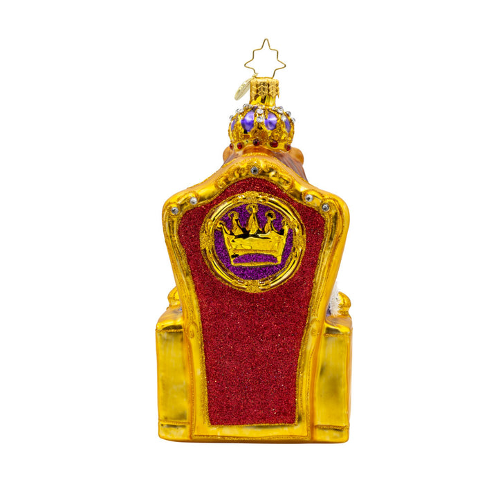 Regal Lion Majesty Ornament. A regal lion sits upon a throne. View of back.