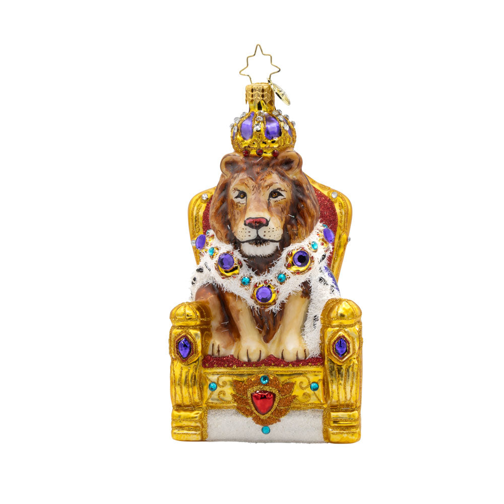 Regal Lion Majesty Ornament. A regal lion sits upon a throne. View of front. 