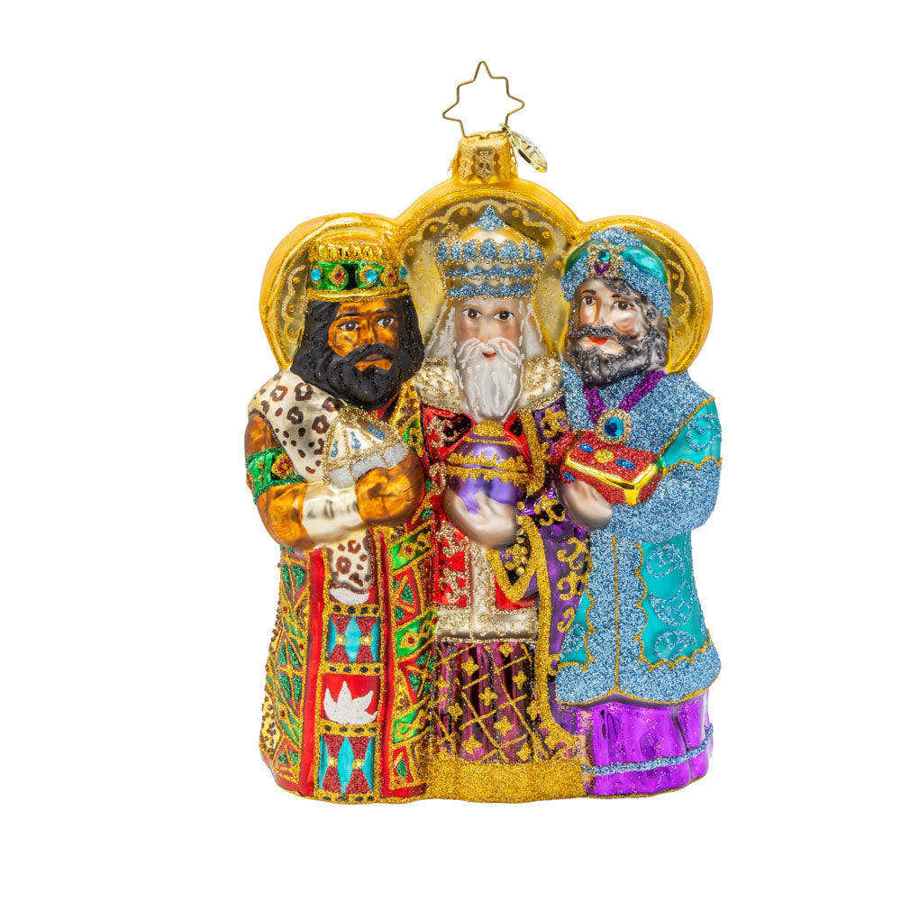 Journey of the Wise Men ornament. Nativity scene of the three Wise Men. View of front.
