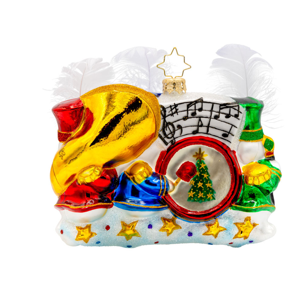 Musical March ornament. Our trio of cheerful snowmen donned in marching band outfits and instruments are ready to serenade you with festive tunes. View of back.