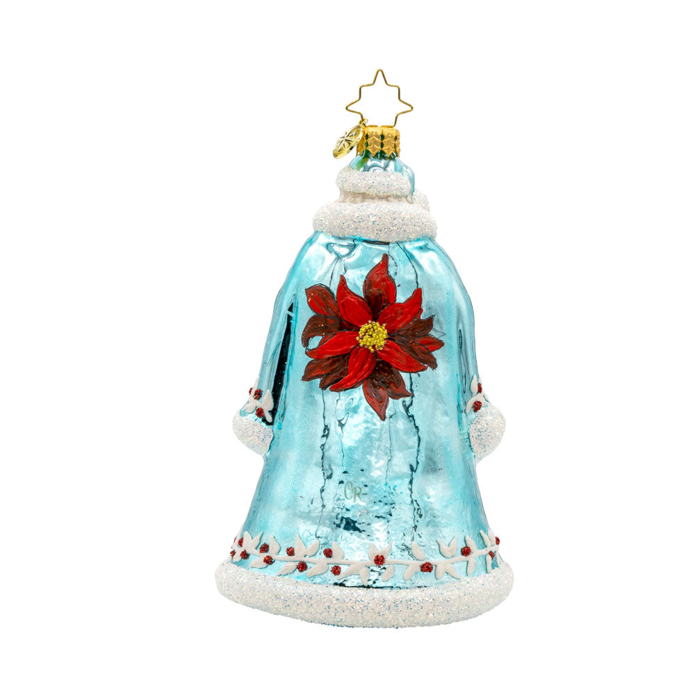 Poinsettia Perfection ornament. Santa dons a festive teal coat with a beautiful poinsettia. View of back.