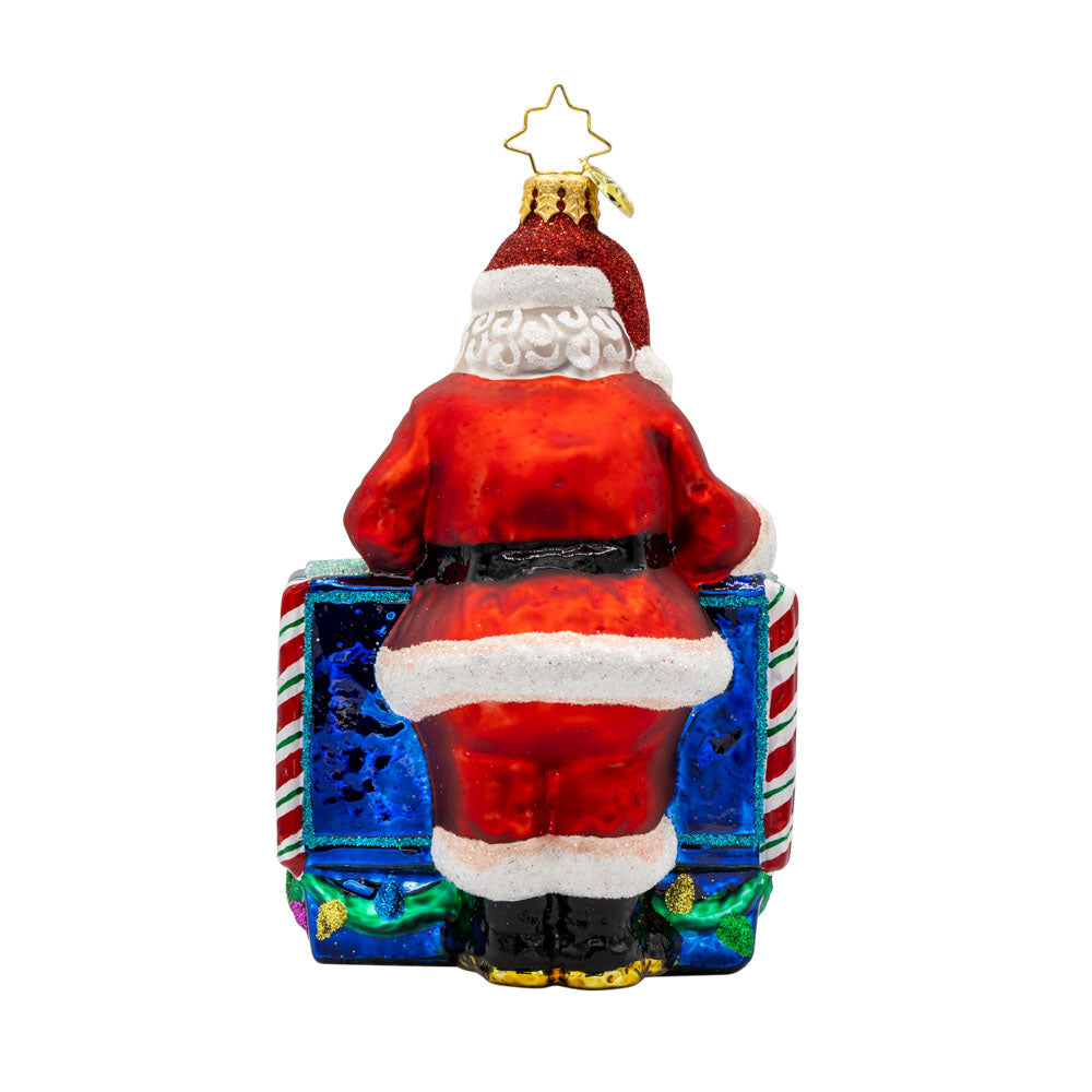 St. Nick's Nautical Nook ornament. Featuring Santa with a magical aquarium filled with colorful fish. View of back.