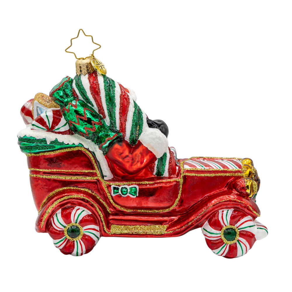 Sweet Ride Cruiser ornament. Santa drives his candy-themed car. View of back.
