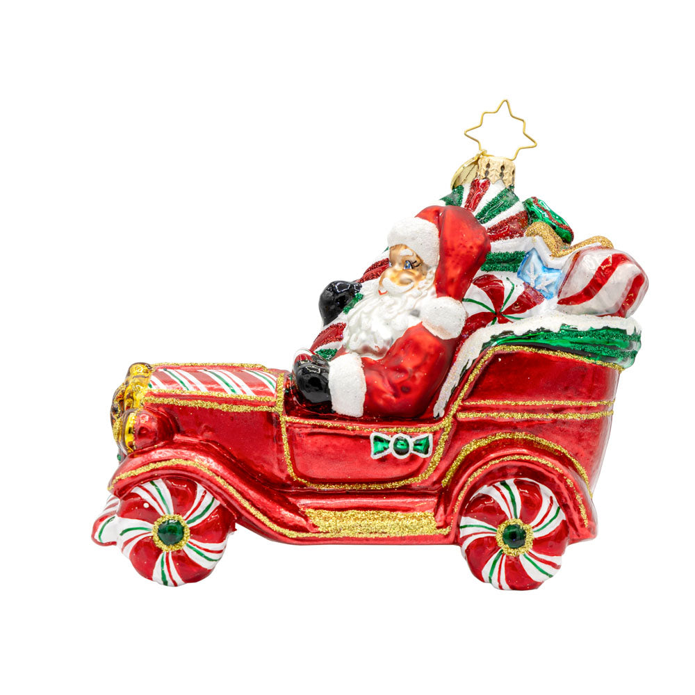 Sweet Ride Cruiser ornament. Santa drives his candy-themed car. View of front. 